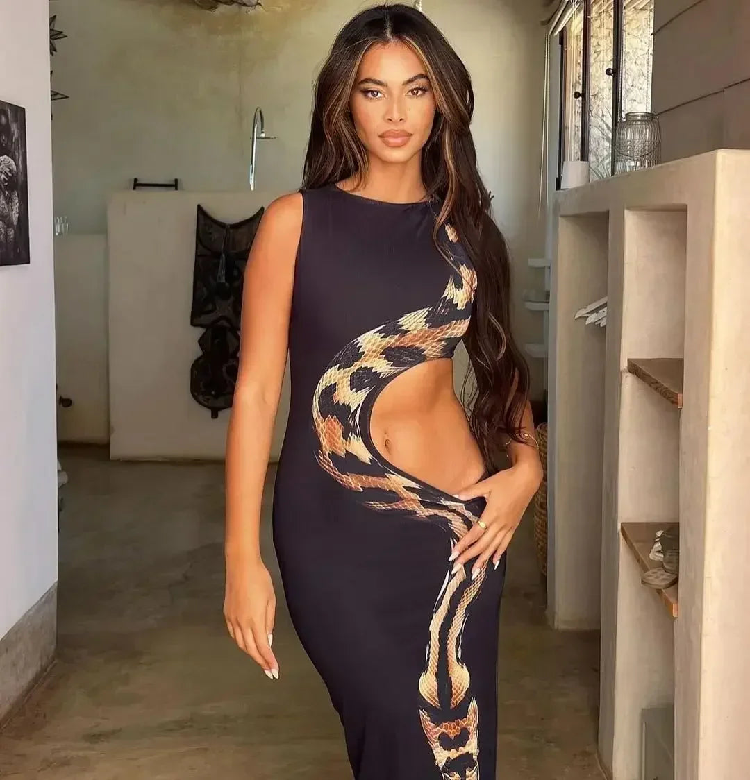 Debs Elegant Cut Out Snake Print Long Dress