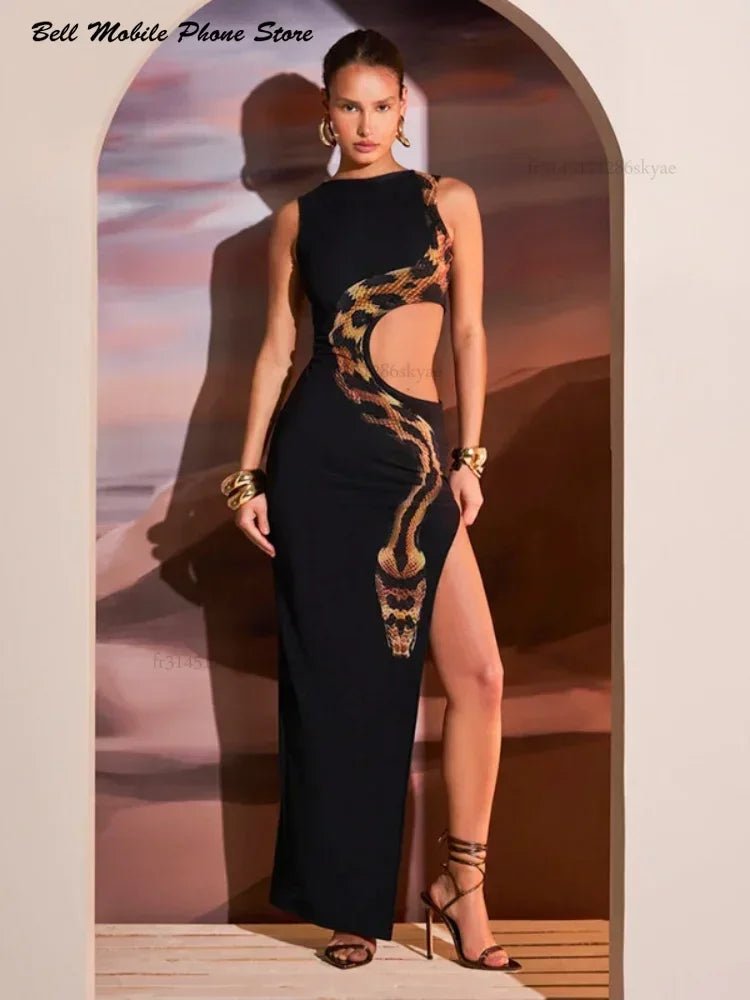 Debs Elegant Cut Out Snake Print Long Dress