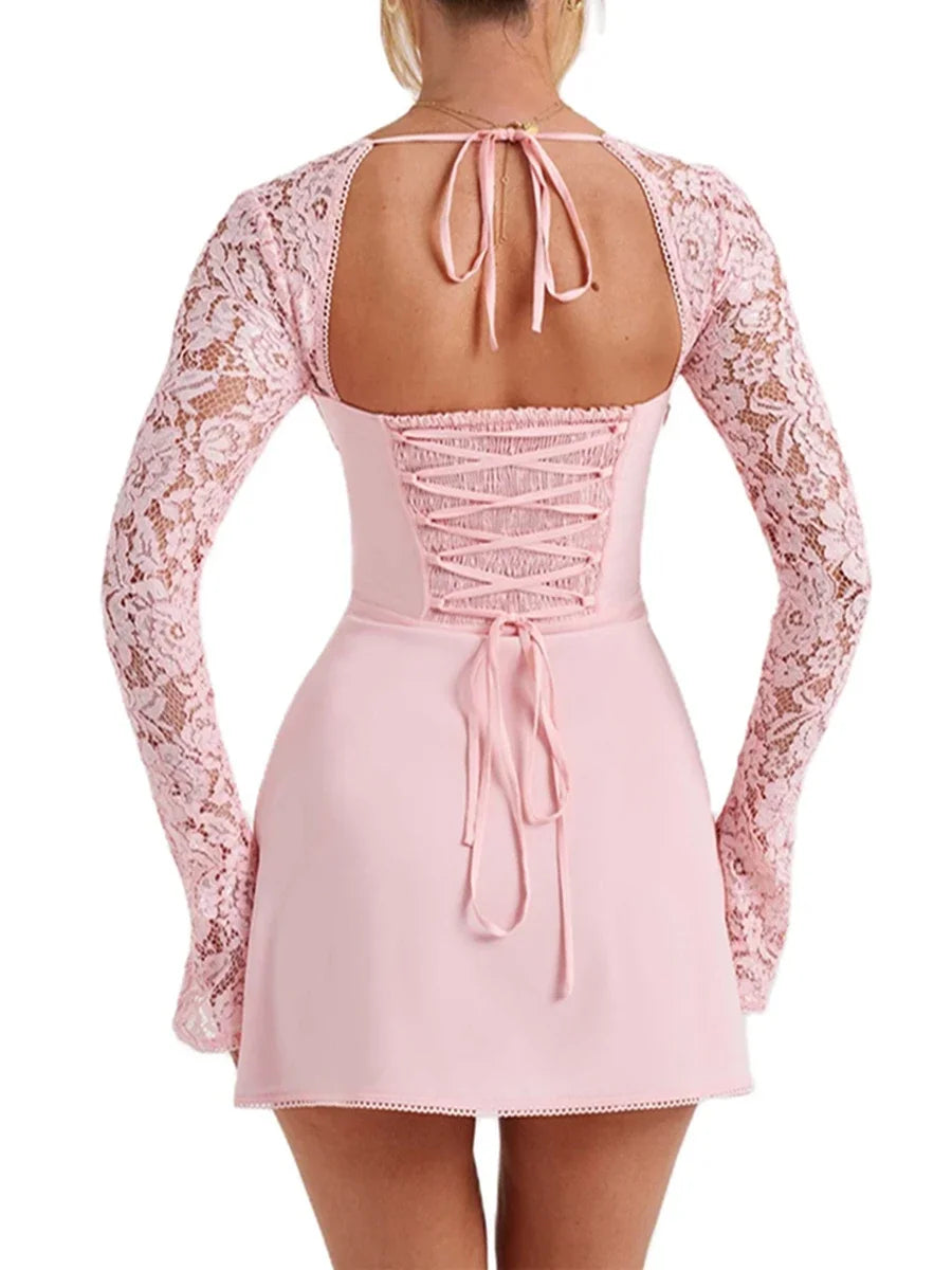 Debs Elegant Lace Long Sleeve Mini Dress