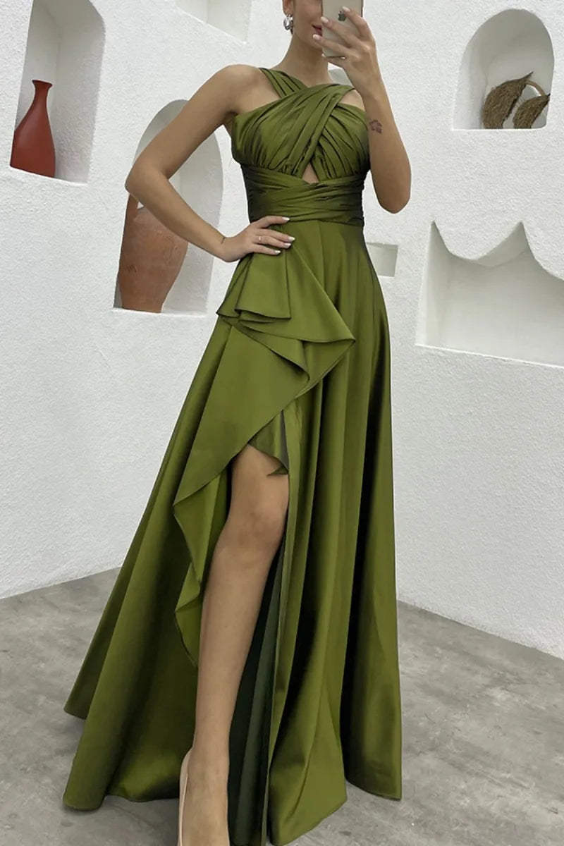 Debs Sleeveless Ruffle Slit Evening Floor Length Dress