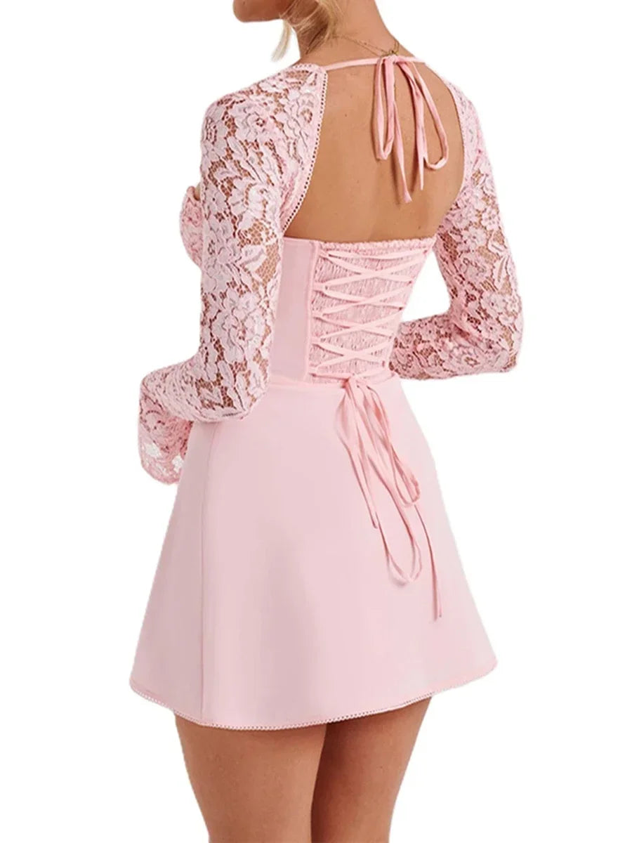 Debs Elegant Lace Long Sleeve Mini Dress