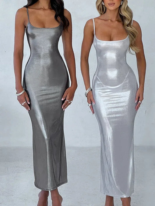 PD Sexy Shiny Patent Leather Slim Bodycon Maxi Dress