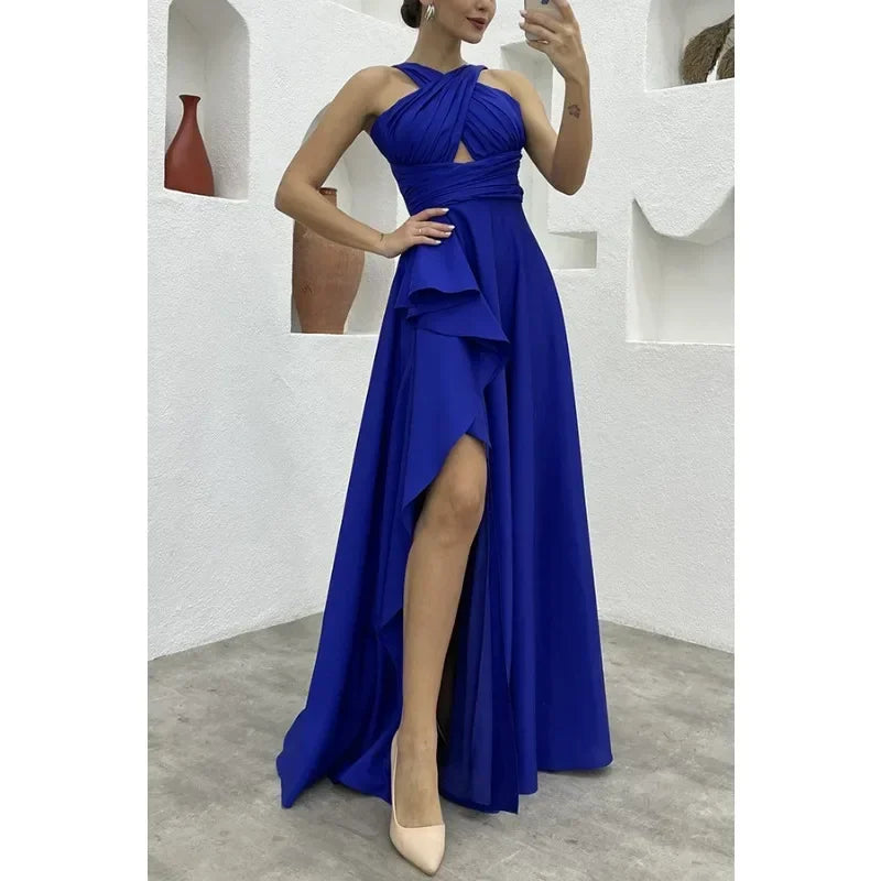 Debs Sleeveless Ruffle Slit Evening Floor Length Dress