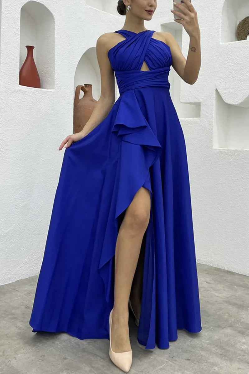 Debs Sleeveless Ruffle Slit Evening Floor Length Dress