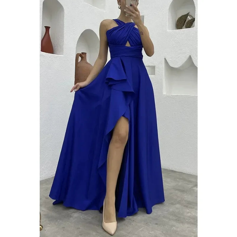 Debs Sleeveless Ruffle Slit Evening Floor Length Dress