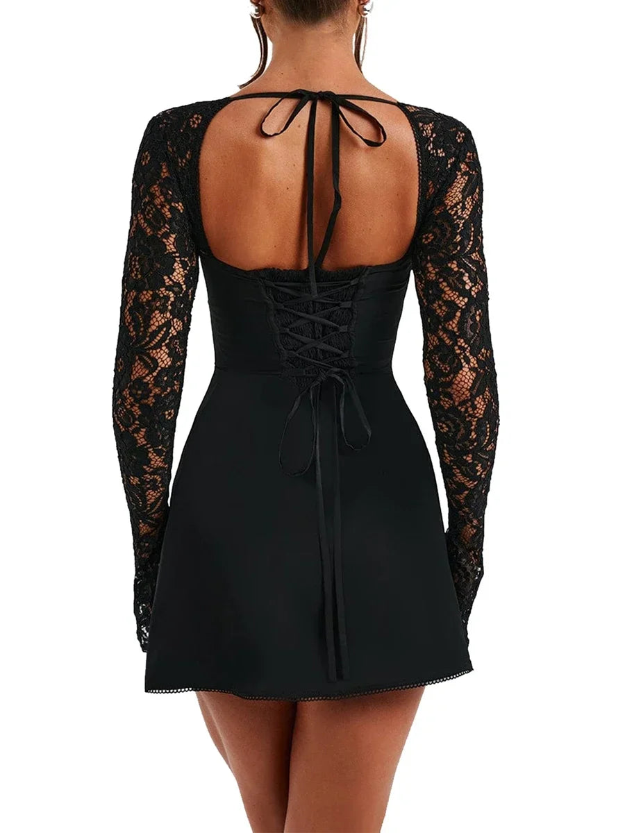 Debs Elegant Lace Long Sleeve Mini Dress