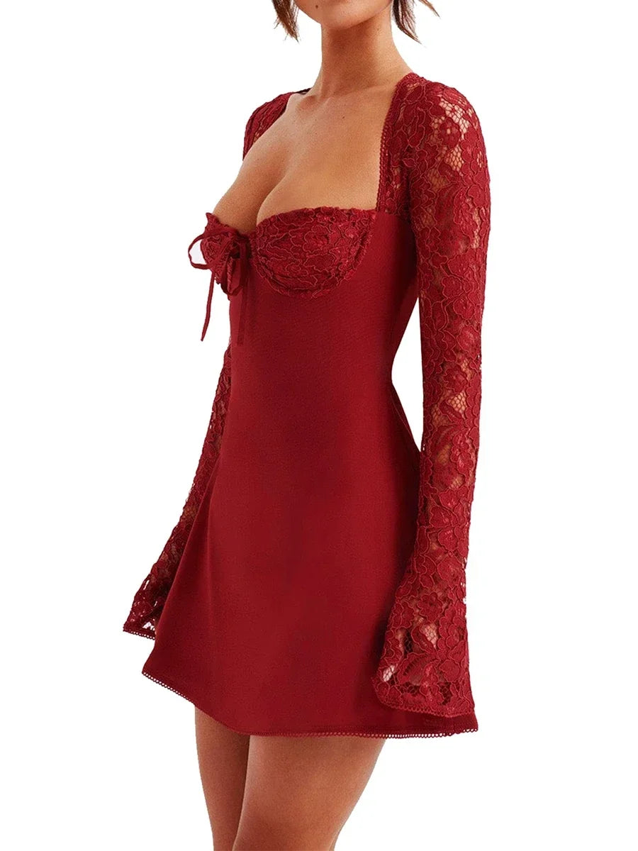 Debs Elegant Lace Long Sleeve Mini Dress