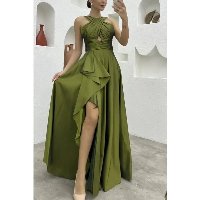 Debs Sleeveless Ruffle Slit Evening Floor Length Dress