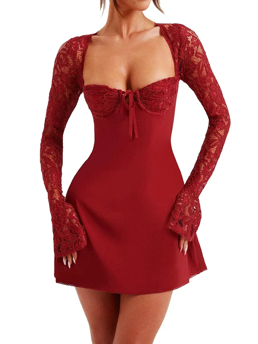 Debs Elegant Lace Long Sleeve Mini Dress