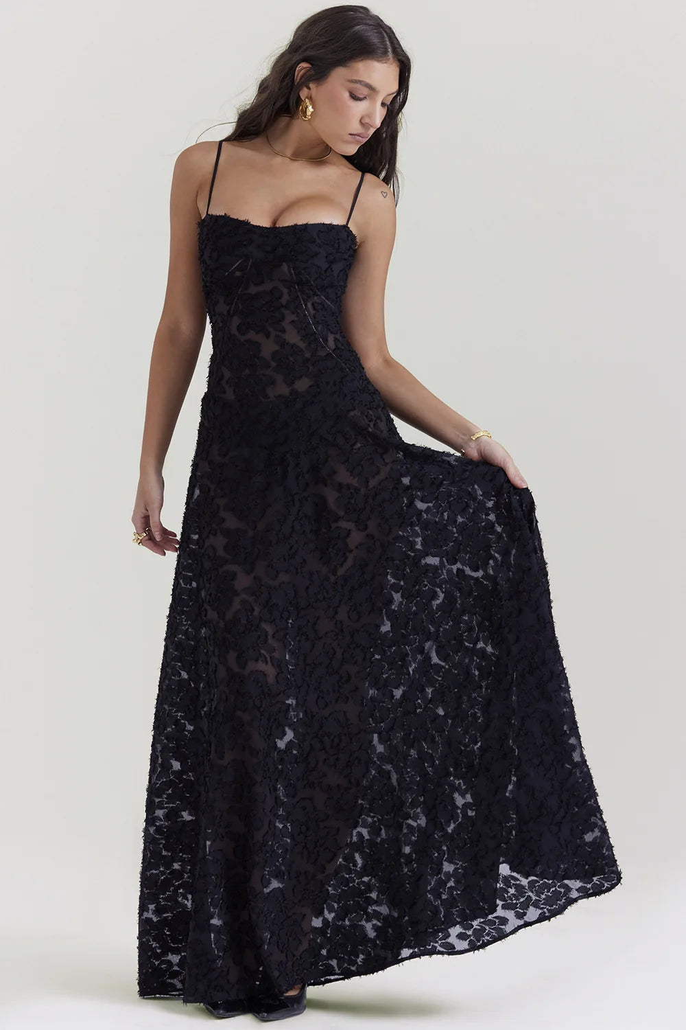 Debs Elegant Floral Print Spaghetti Strap Maxi Dress