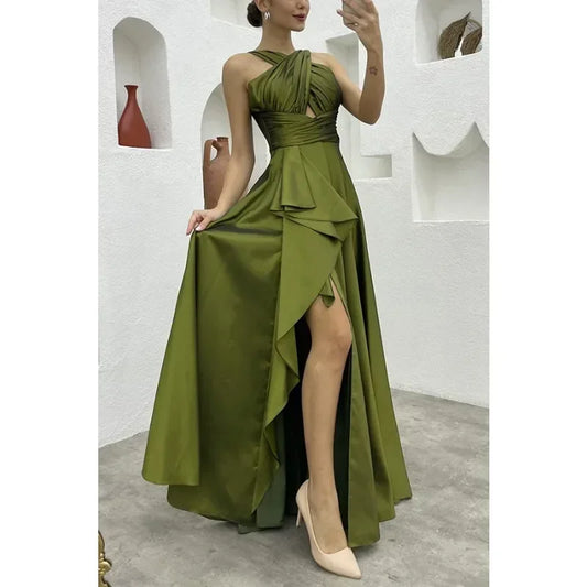Debs Sleeveless Ruffle Slit Evening Floor Length Dress