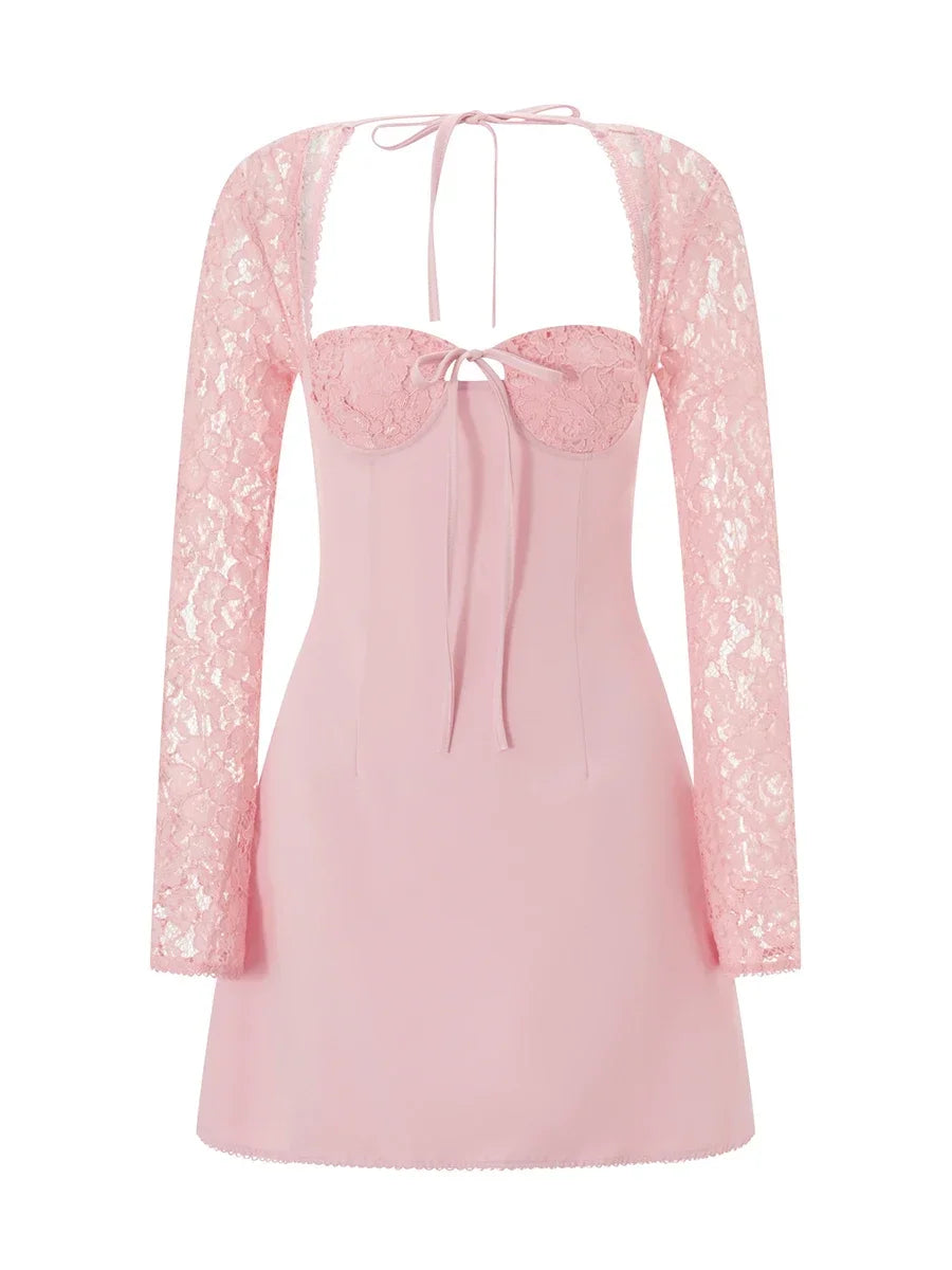 Debs Elegant Lace Long Sleeve Mini Dress