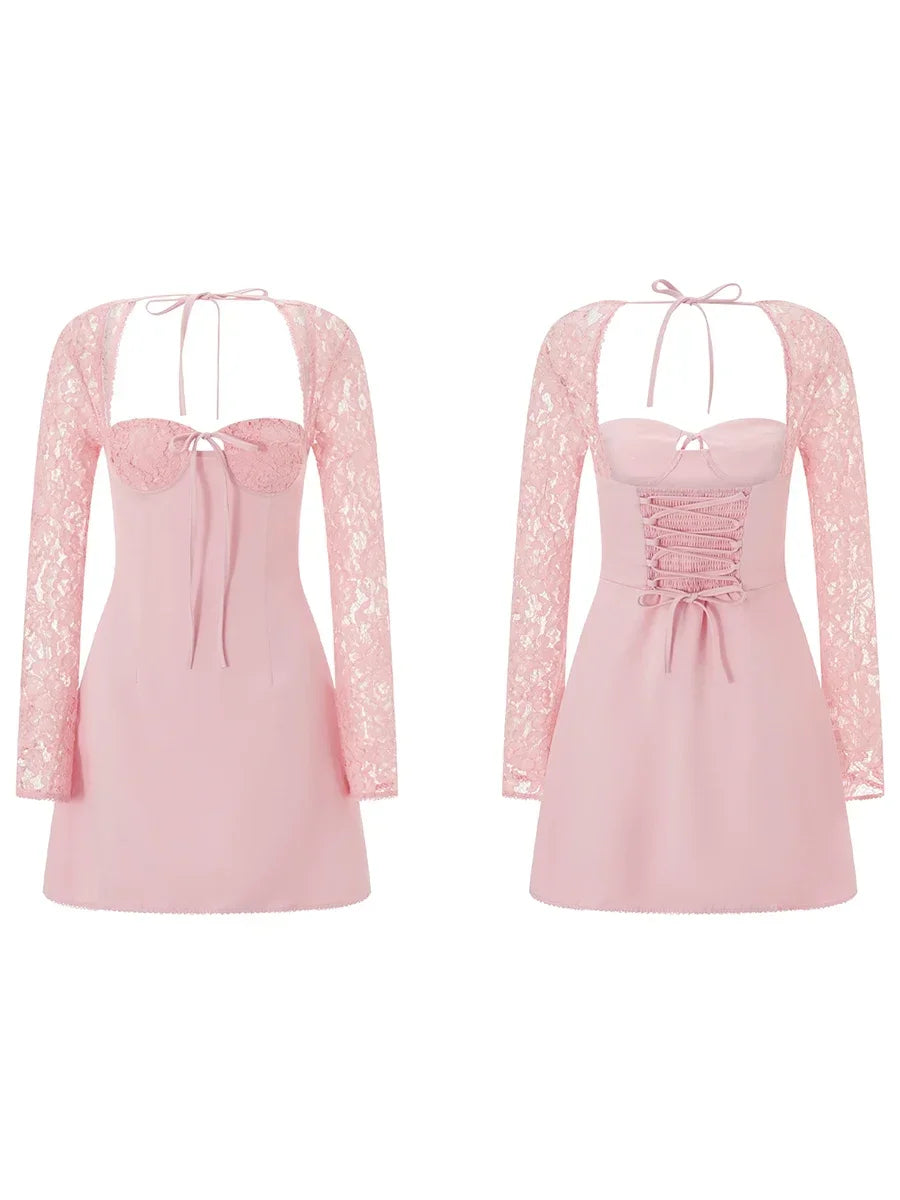 Debs Elegant Lace Long Sleeve Mini Dress