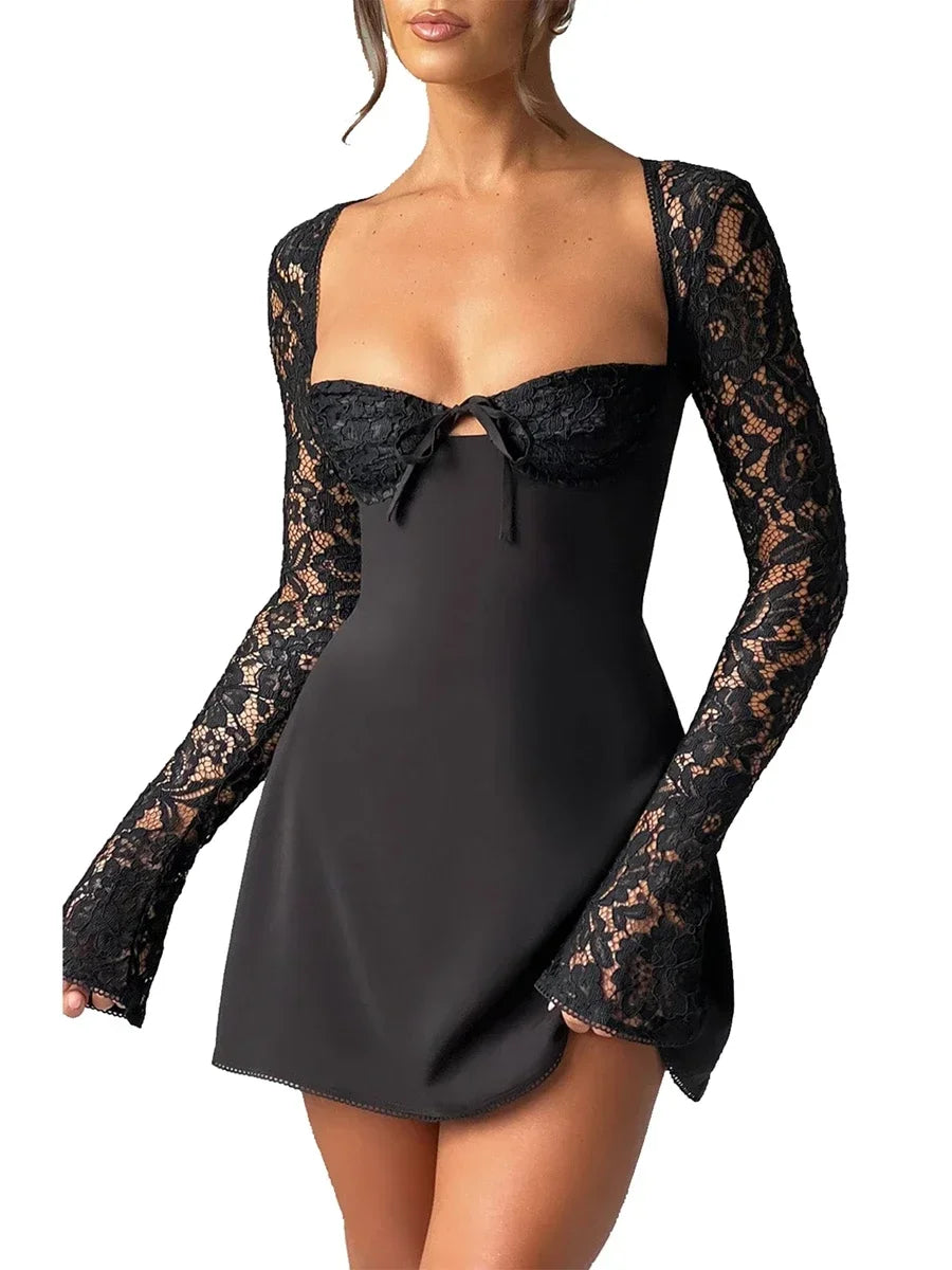 Debs Elegant Lace Long Sleeve Mini Dress