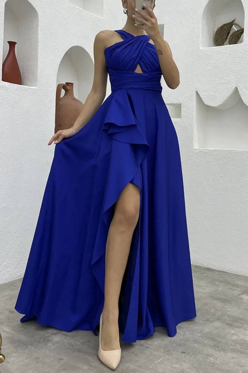 Debs Sleeveless Ruffle Slit Evening Floor Length Dress