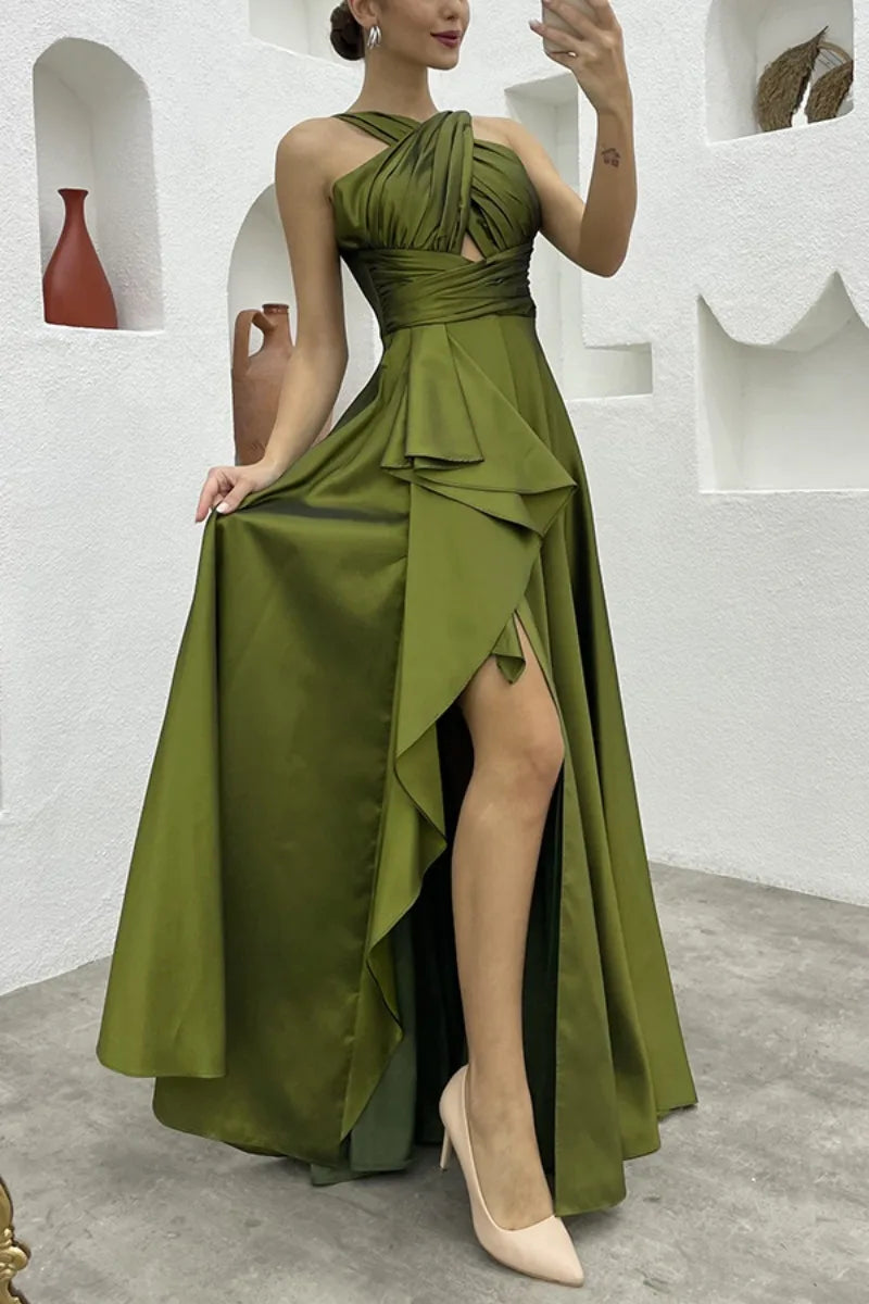 Debs Sleeveless Ruffle Slit Evening Floor Length Dress