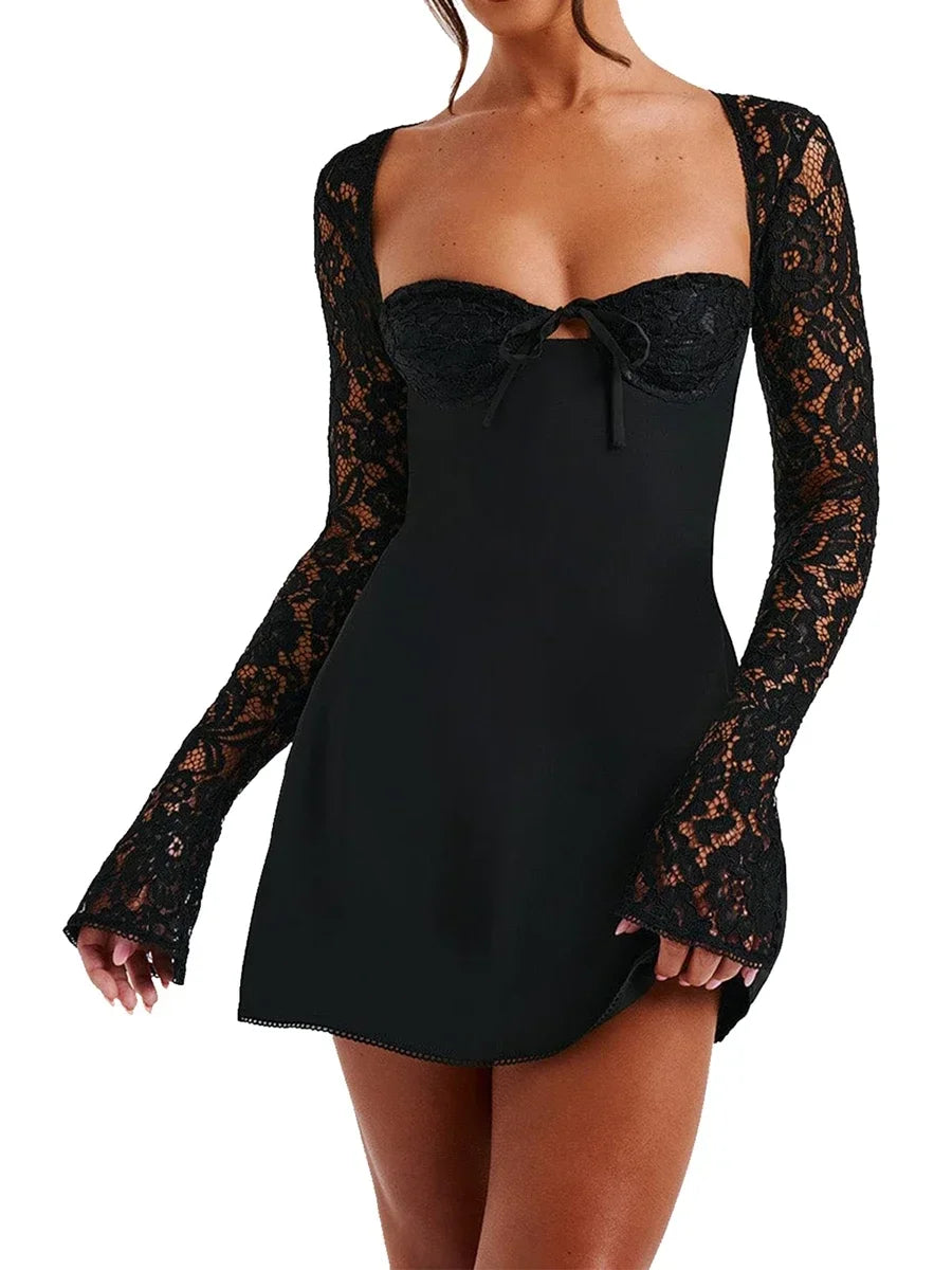 Debs Elegant Lace Long Sleeve Mini Dress
