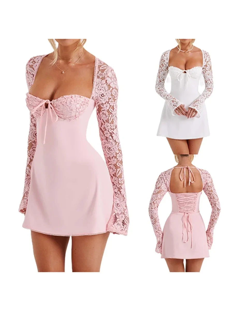 Debs Elegant Lace Long Sleeve Mini Dress