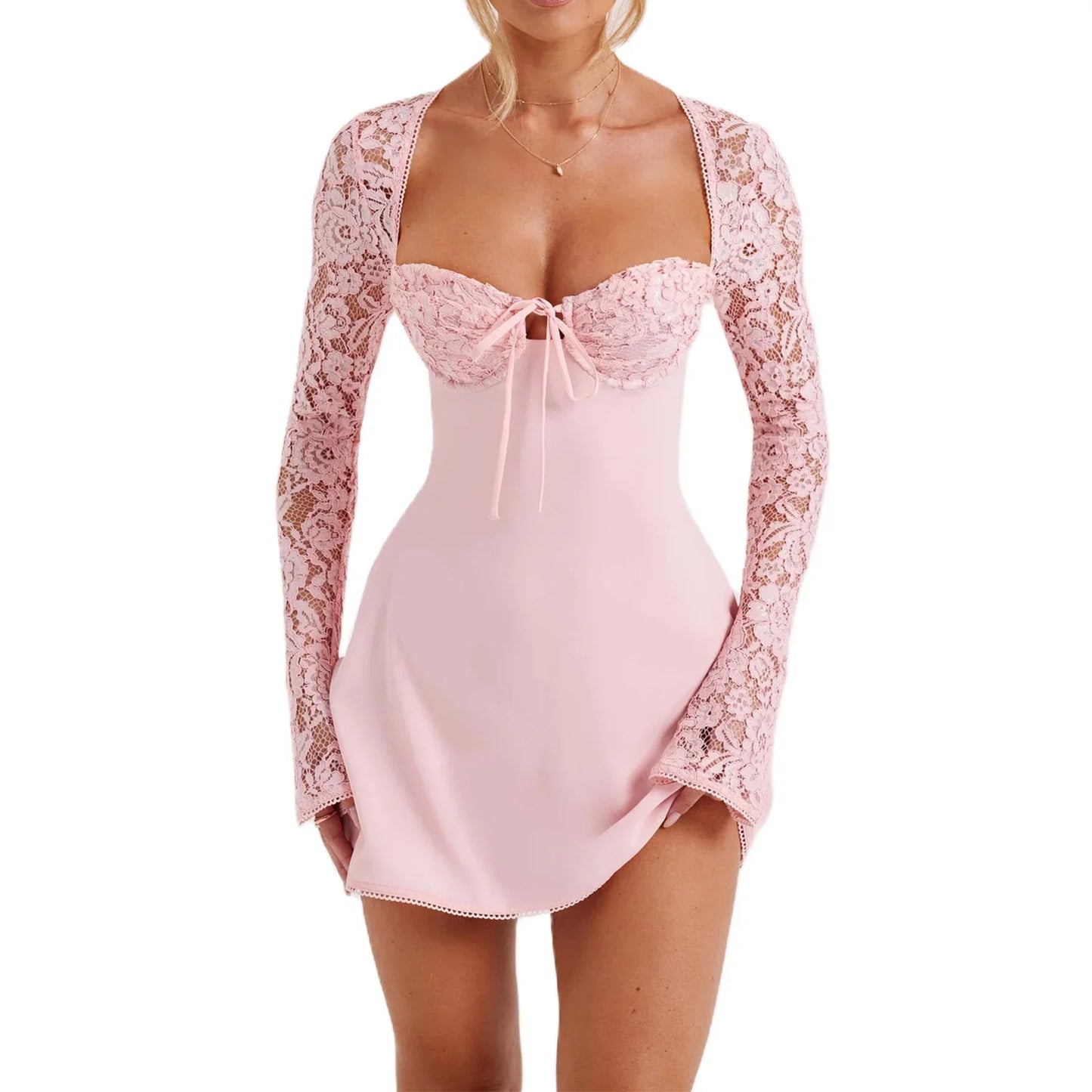 Debs Elegant Lace Long Sleeve Mini Dress