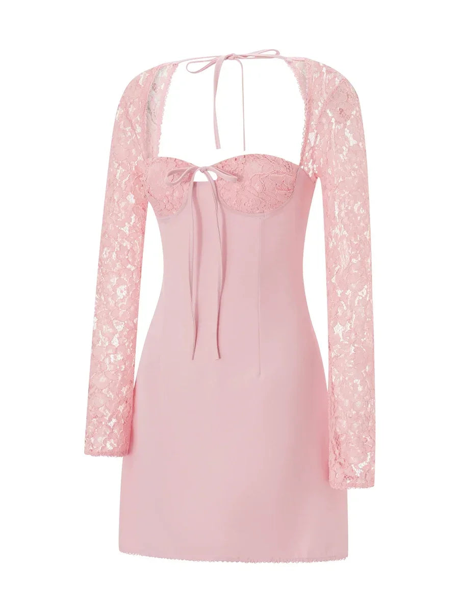 Debs Elegant Lace Long Sleeve Mini Dress