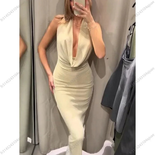 Debs Sexy Knitted Halter Backless Metallic Dress