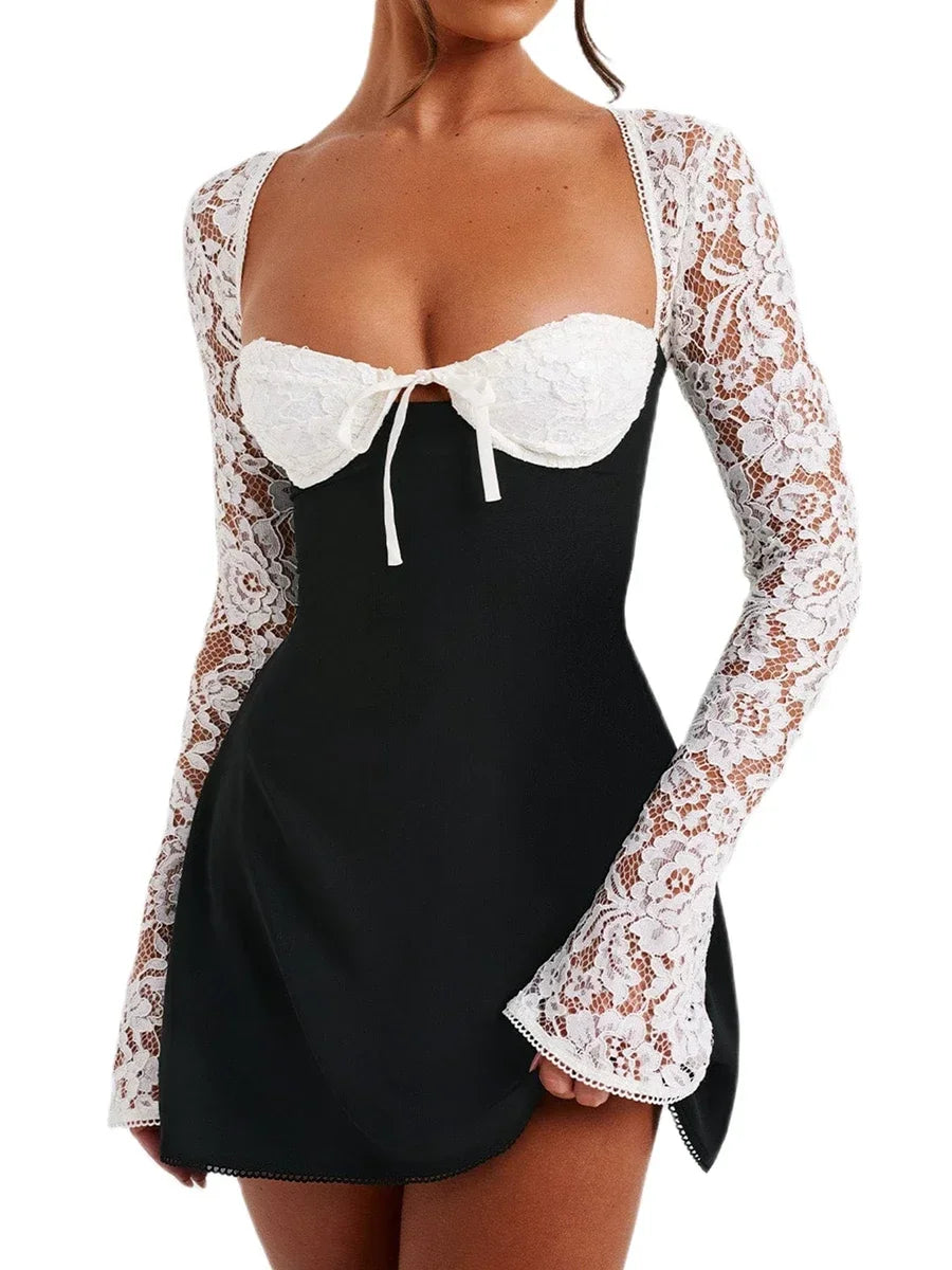 Debs Elegant Lace Long Sleeve Mini Dress