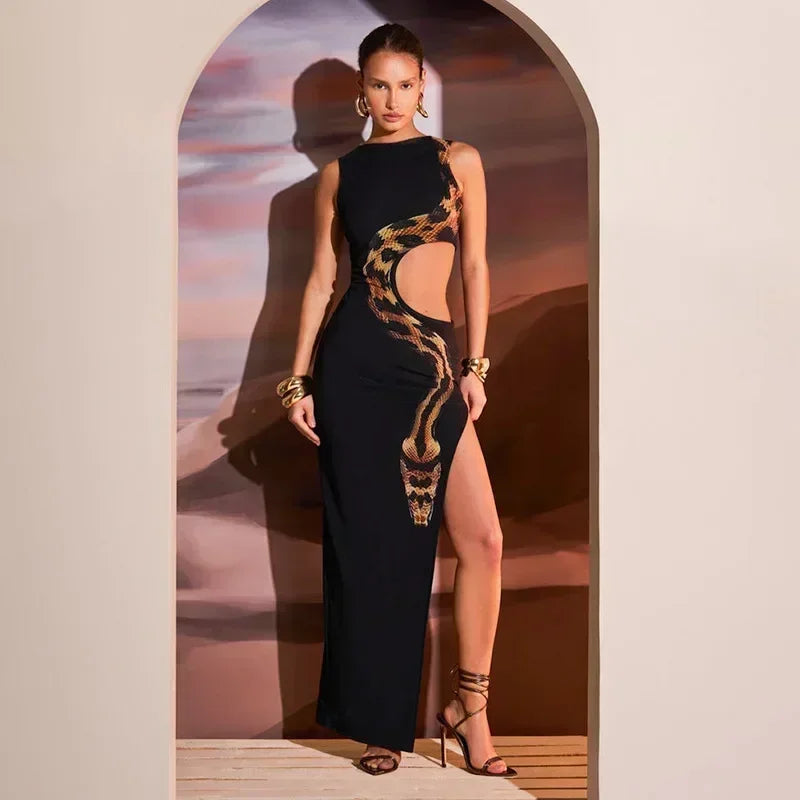 Debs Elegant Cut Out Snake Print Long Dress