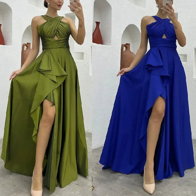 Debs Sleeveless Ruffle Slit Evening Floor Length Dress