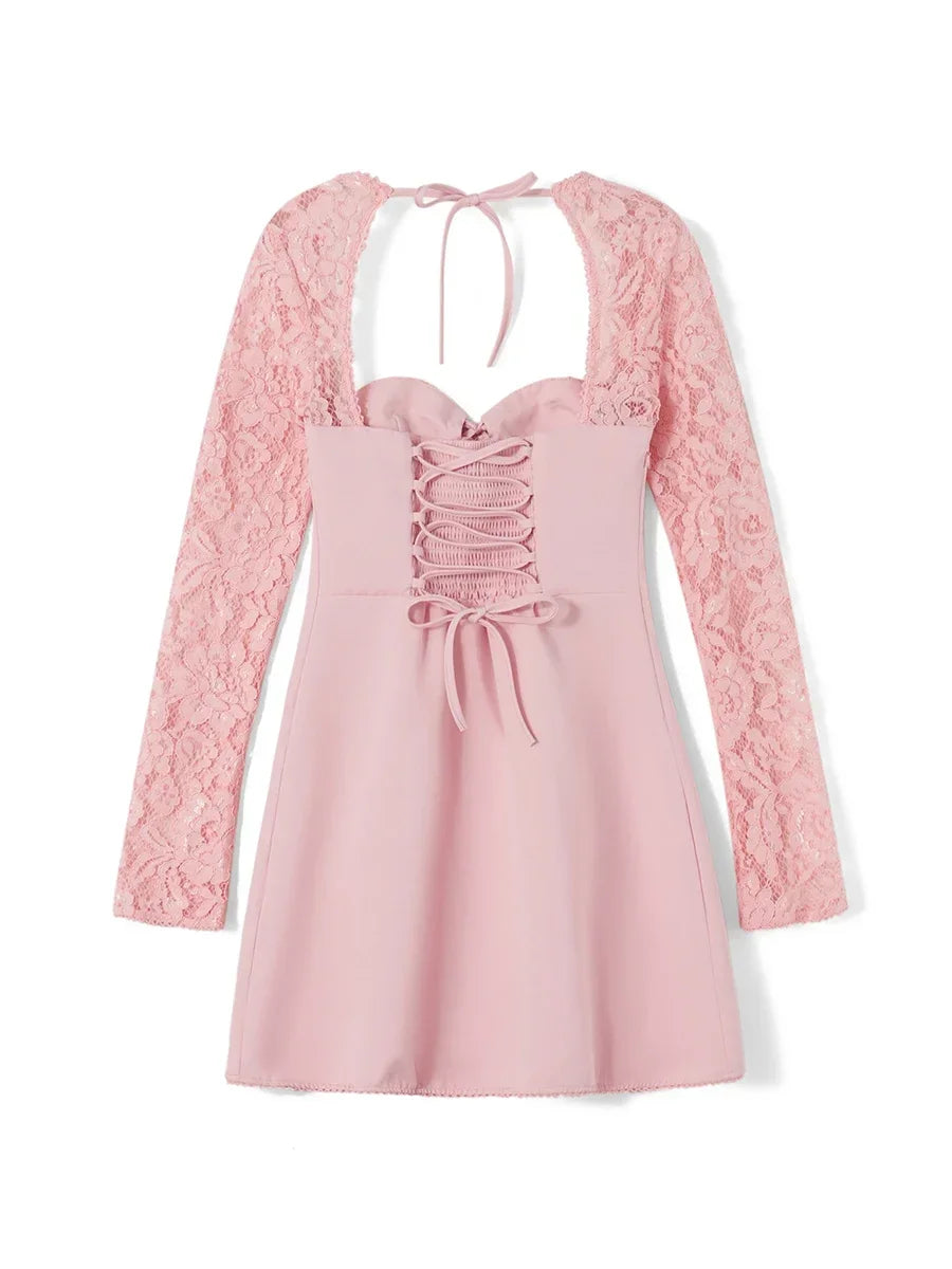 Debs Elegant Lace Long Sleeve Mini Dress