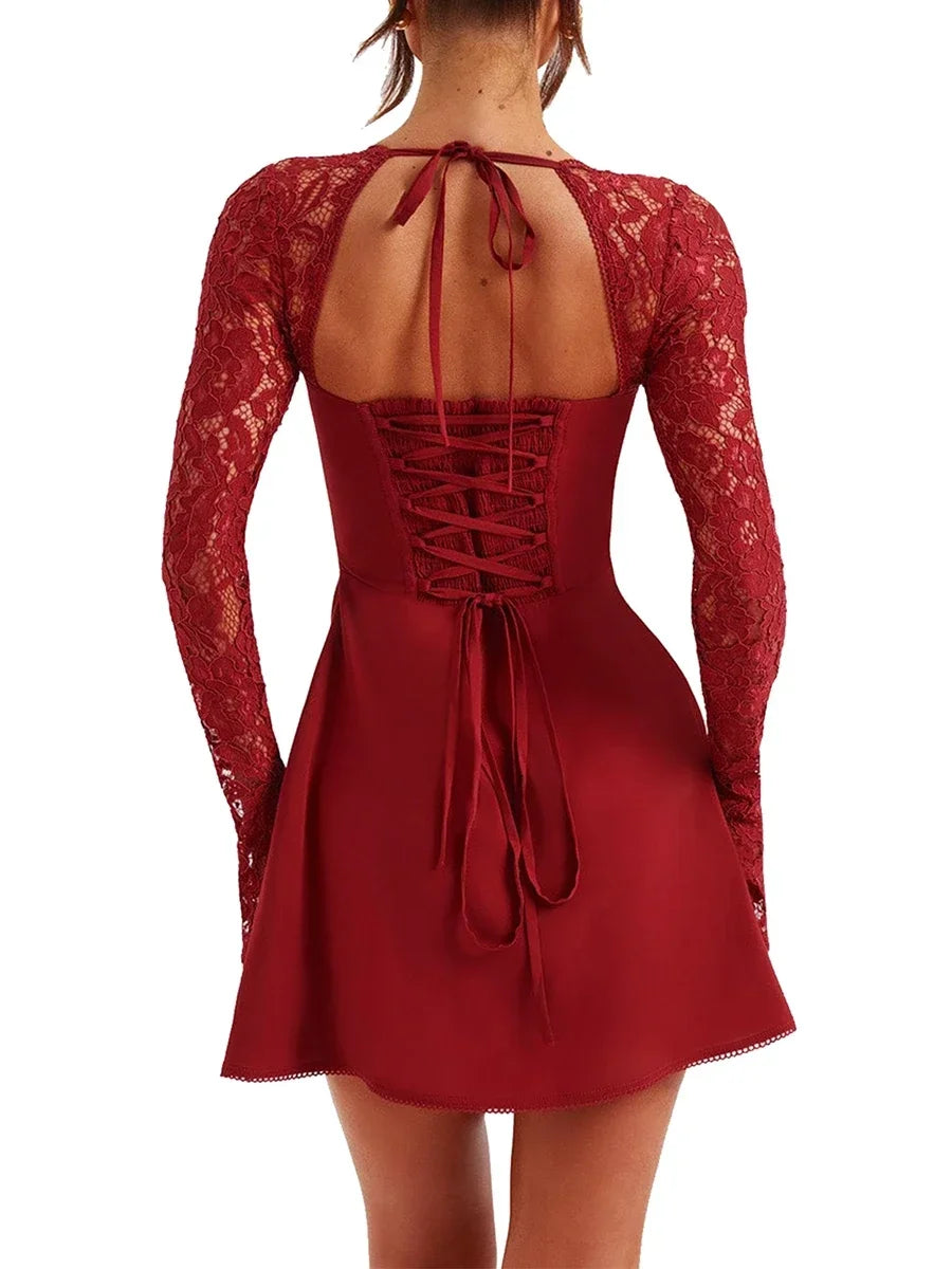 Debs Elegant Lace Long Sleeve Mini Dress