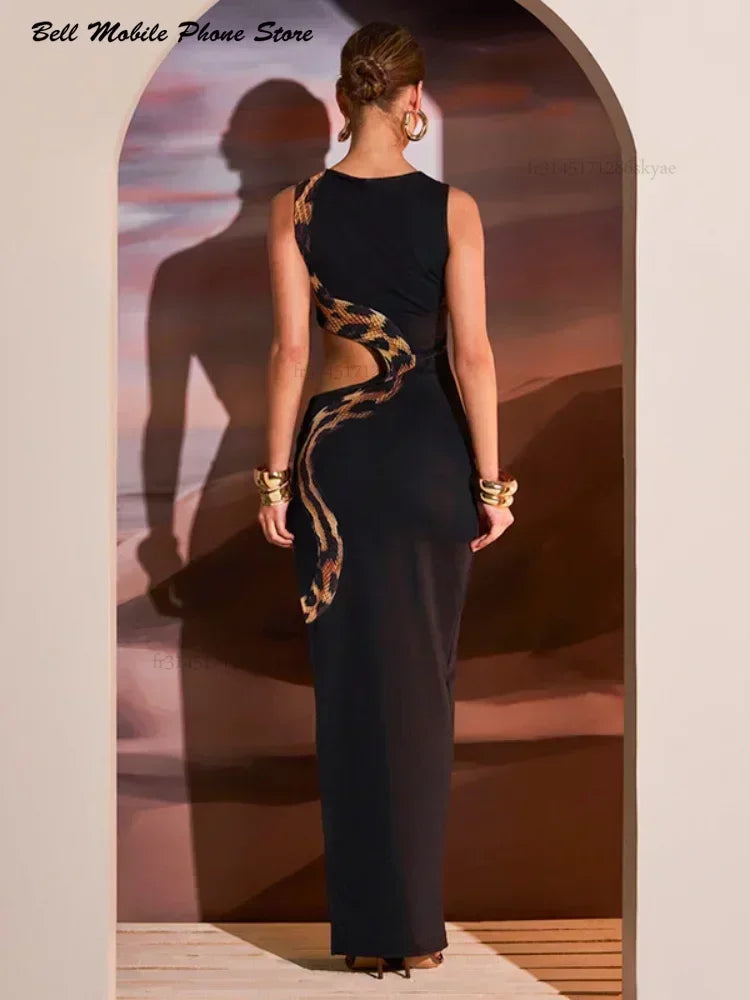 Debs Elegant Cut Out Snake Print Long Dress